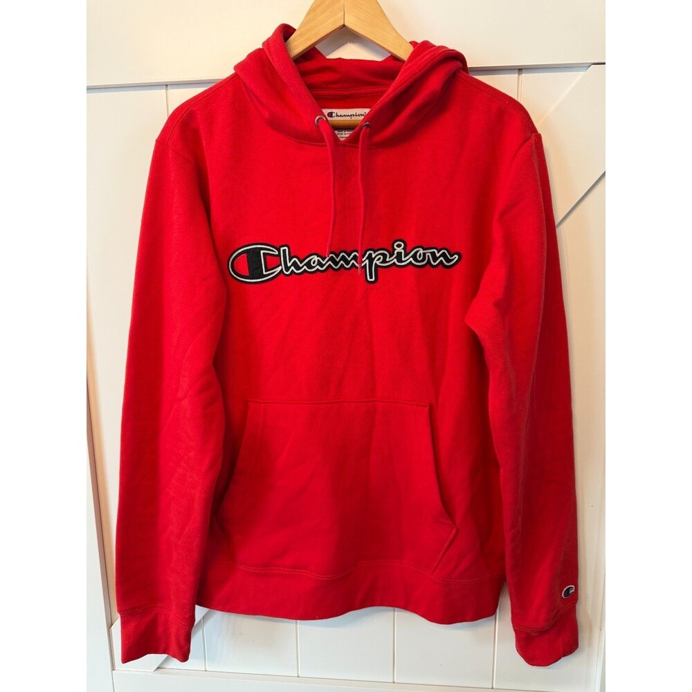 Champion Hoodie Mens Medium Red Script Logo Pullover Sweatshirt Fleece NWT